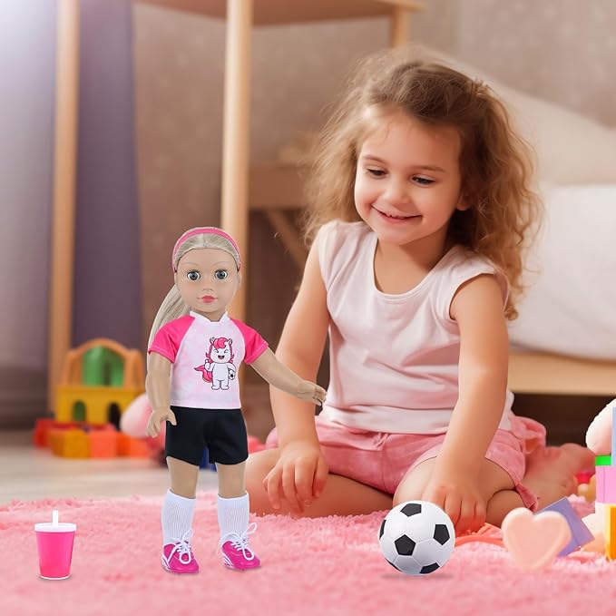 18 Inch Doll Accessories Football Sport Set - 7PCS Includes Headband, Tops, Shorts, Shoes, Mini Soccer Ball, Socks & Water Bottle for American Doll Pretend Play, Gifts