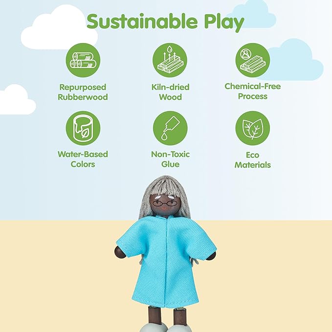 PlanToys® Grandmother Wooden Dollhouse Figurine | Poseable 1:12 Scale Mini Doll (5 Inch) | Dollhouse Accessories for Pretend Play | Eco-Friendly Montessori Toy for Kids Ages 3+