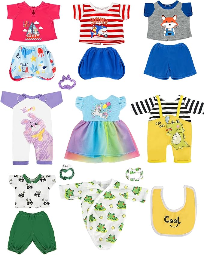 ARTST Baby Doll Clothes, 8 Set 14-16 inch Baby Doll Accessories Outfit Pajamas with Headbands Valentine's Gift for 43cm New Born, 15 inch Bitty,16 inch Boys(NO Doll)