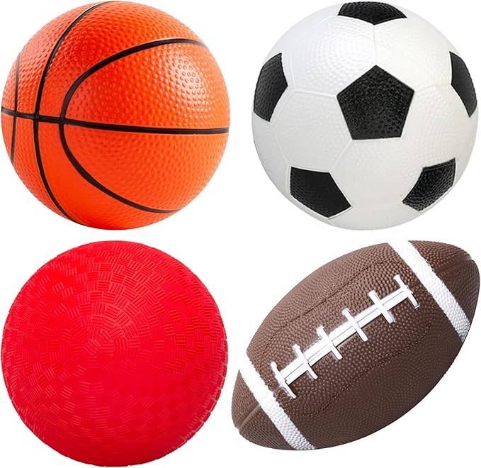 EVERICH TOY Balls for Toddlers 1-3, 4 Pcs 5" Playground Balls for Kids, Soft Rubber Small Sports Ball Set with Football, Basketball, Soccer, Indoor Outdoor Toddler Toys Games Gifts for Boys Girls