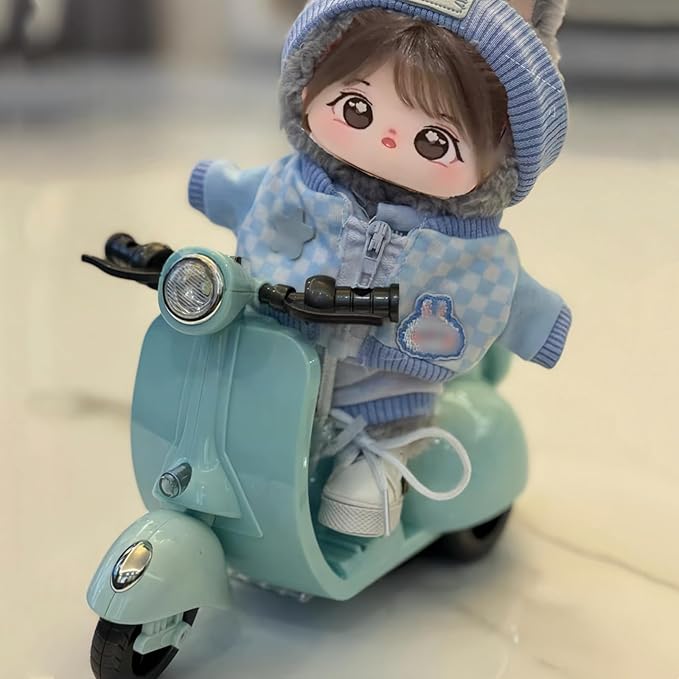 Liotww Motorcycles Scooter Toy Doll - with Light and Music, Cute Have a Seat Accessories, Interactive Rotating Decor Desktop Ornaments for Collectors (Blue)