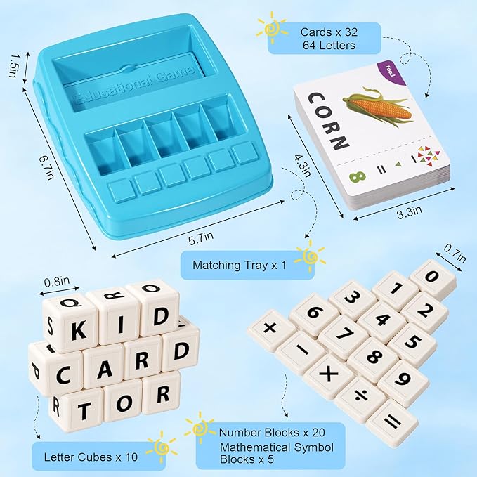 Educational & Learning Toys for Kids, 3-8 Years Old Matching Games with Letter & Math Flash Cards, Christmas Birthday Gifts for Preschool Boys Girls Grandkids - Light Blue