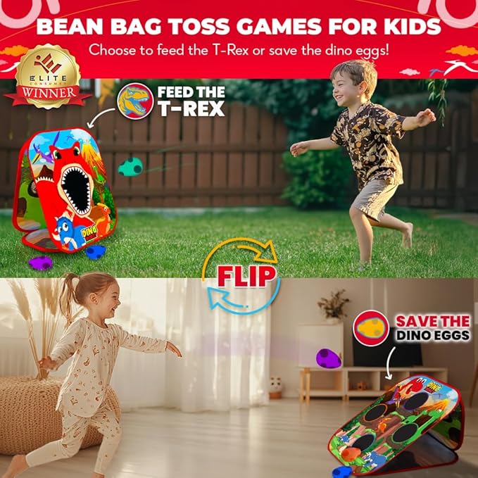 Swooc Games® - Dino Frenzy™ | 2-in-1 Corn Hole Games for Kids | 5-Second Setup | Dinosaur Bean Bag Toss Game for Kids | Kid Cornhole Game Set | Toddler Party Activity | Outside Bean Bags Kid Tossing