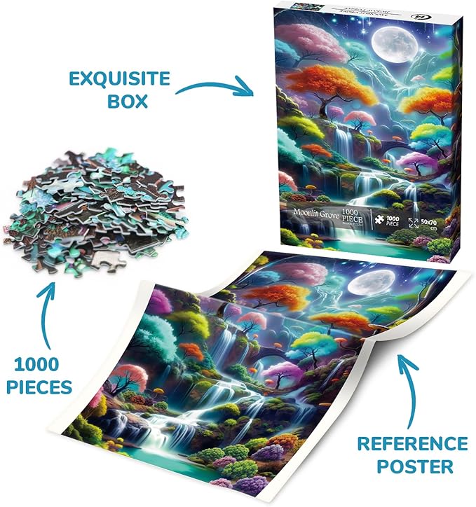 Magic Forest Landscape Puzzles for Adults 1000 Pieces, Nature Waterfall Moon Jigsaw Puzzle, Colorful Tree Scenic Puzzle as Home Decor