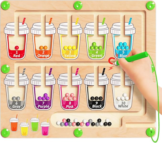 Kidific Magnetic Color and Number Maze, Montessori Toys for 2 3 4 Year Old, Wooden Color Matching Puzzle Board, Preschool Learning Activities for Ages 2-4 for Girls Boys Birthday Gifts - Coffee Cups
