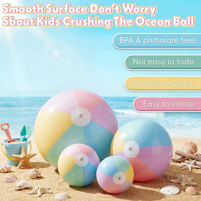 4 Pack Beach Balls in 4 Sizes (24" 16" 12" 8"), Inflatable Pastel Pool Balls for Kids Adults, Summer Beach Party Hawaiian Luau Birthday Party Supplies, Water Toys Gifts(Macarons)