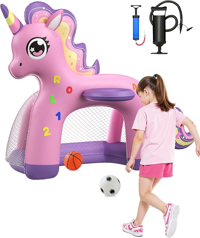JOSEN Inflatable Toddler Basketball Hoop & Soccer Goal, 2-in-1 Mini Basketball Hoop Indoor Outdoor Sports Center Toys with DIY Stickers, Kids Birthday for Boys Girls 1 2 3 4 5 Year Old