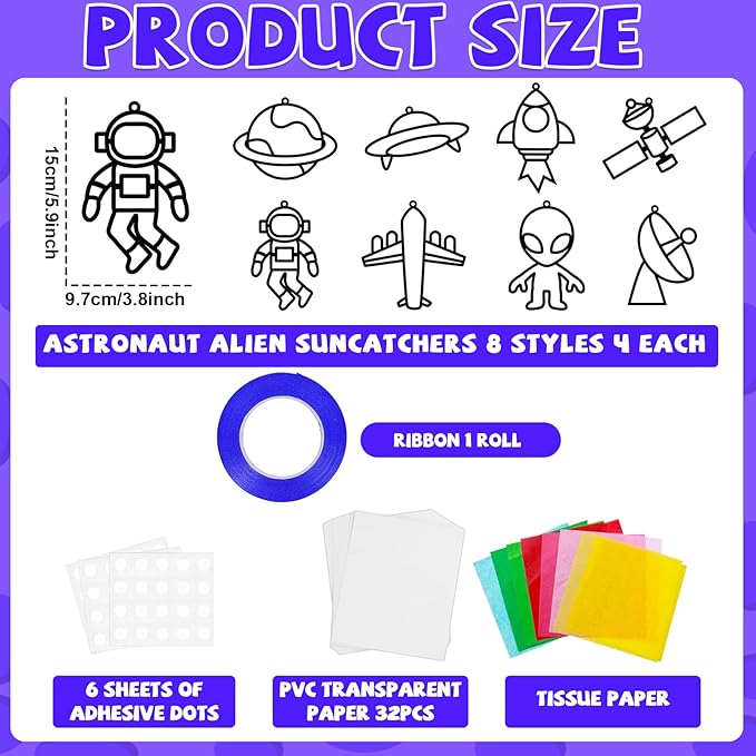 32 Sets Outer Space Suncatchers Craft Kit DIY Window Stained Glass Effect Planet Astronaut Alien Paper Crafts Home School Classroom Decoration Kid Birthday Gift Creative Art Project Activity Game
