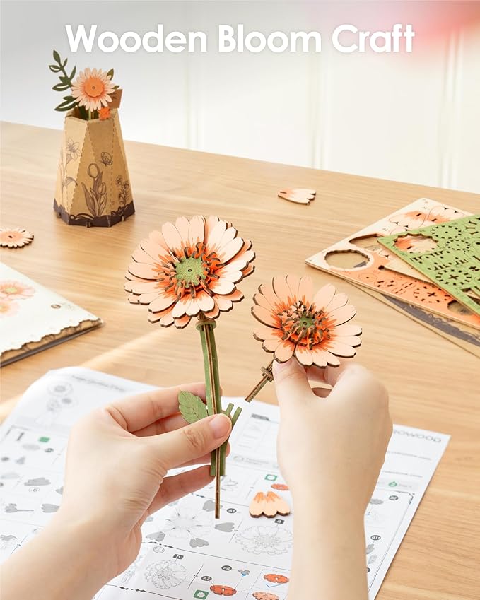 ROBOTIME 3D Puzzle Light Orange Gerbera Daisy TW111, DIY Wooden Flower Craft, Artificial Flowers Model Kit to Assemble for Adults, Home Decoration and Valentine's Day Toy Gift Set