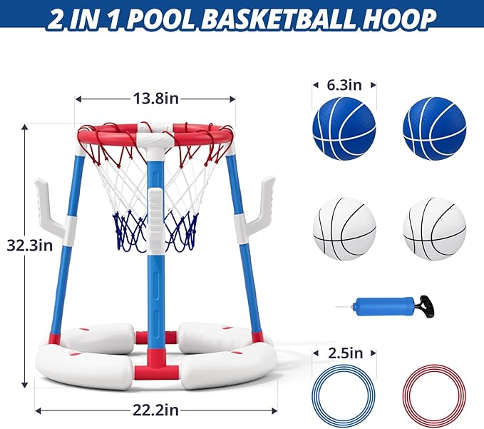 2 in 1 Pool Basketball Hoop with Backboard & Ring Toss Game, Floating Pool Toy - Anti-Tip Stable Base - with 4 Balls/8 Rings/Pump - Summer Water Indoor Outdoor Toy Gifts for Kids 4-8 & Adults, Red
