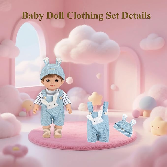 Reborn Baby Doll Clothes Set for 14-18 inch Dolls, Soft Doll Clothes Outfit with Tops, Pants, Rabbite Hat, Socks & 2 Hangers, Accessories for Newborn Reborn Dolls(Not Dolls)