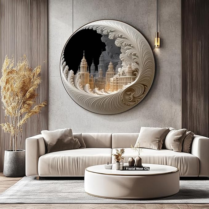 Bgraamiens Round Jigsaw Puzzle 1000 Pieces – Fractal Moon City – Expert-Level Circular Design for Adults – Baroque Architecture with Surreal Spiral Art