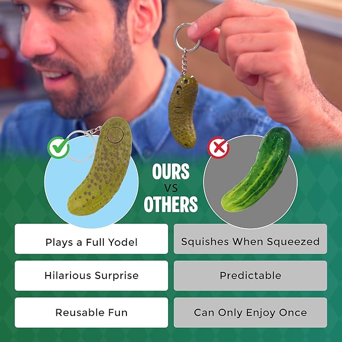 DR DINGUS Tiny Yodeling Pickle Keychain (3 Inches) - Sings Dill-lightful Musical Yodel Song - Singing Novelty Gag Gift for Friends Family Coworkers Office Students Classroom White Elephant