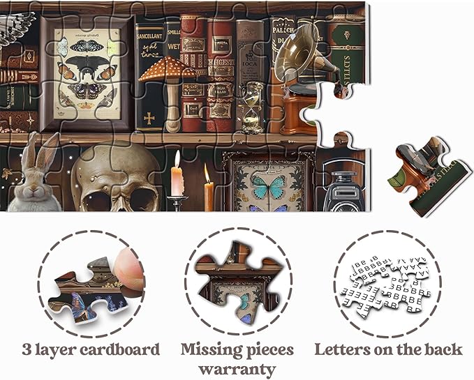 Bookshelf Puzzles for Adults 1000 Pieces, Vintage Gothic Library Jigsaw Puzzle, Magic Skulls, Books, Candles and Butterflies Puzzle