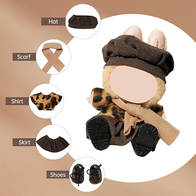 17cm Doll Clothes Outfit Set (No Doll), 5-Piece Mini Doll Clothing with Hat, Scarf, Leopard Top, Skirt & Shoes, Fits 17 cm Sitting Dolls