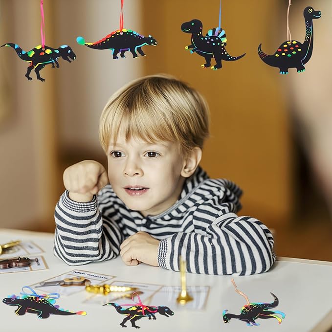 Droutti 64 Sets Dinosaur Theme Scratch Cards Rainbow Scratch Paper Dinosaur Crafts Art Card Kit DIY Scratch Dinosaur Paper with Wood Stylus and Ribbon for Classroom Craft Birthday Party Supplies