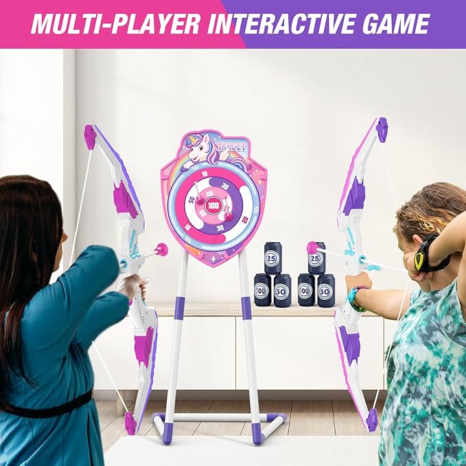 2 Pack Bow and Arrow for Kids 4-6, LED Light Up Archery Set with 24 Suction Cup Arrows, 1 Unicorn Standing Target, 6 Score Targets & 2 Quiver, Indoor Outdoor Sport for Girls Ages 8-12