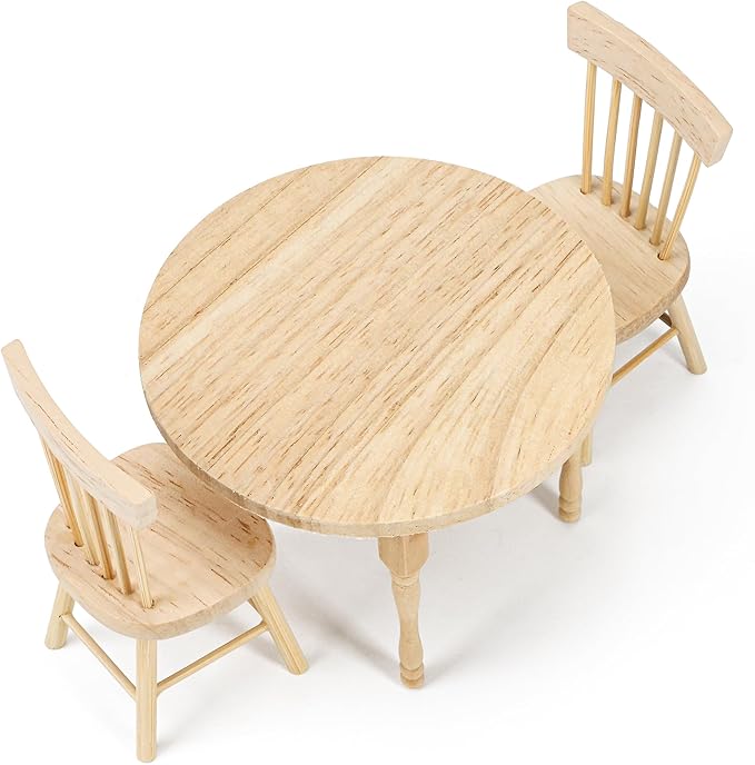 1/12 Miniature Dollhouse Round Table and 2 Chairs Dining Set, Mini Wooden Unpainted Burlywood Barbie Kitchen Furniture Accessories