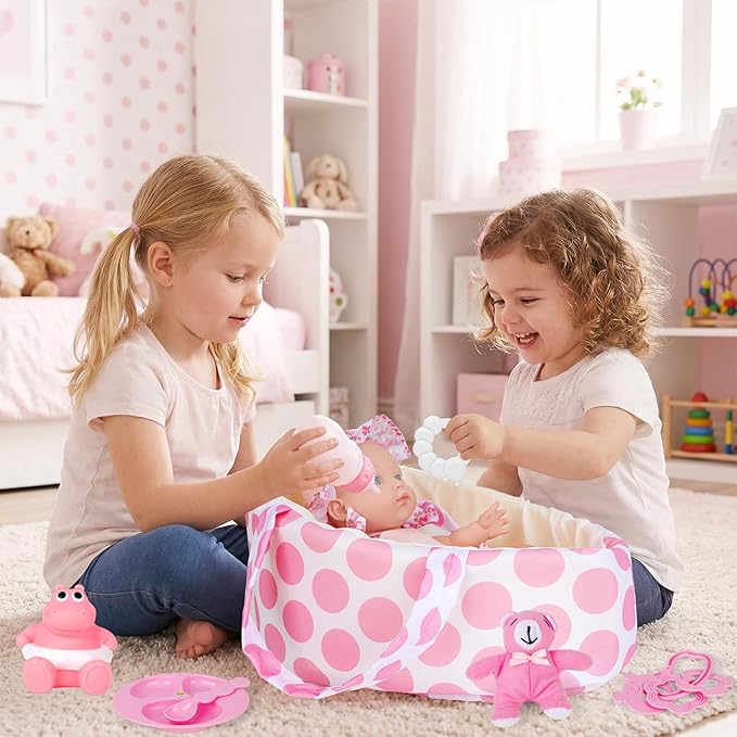 deAO 13'' Baby Doll Playset with Bassinet Carrier Bed Baby Doll Accessories Including Pillow Clothes Pacifier Pretend Play Set Gifts for Girls Ages 3+