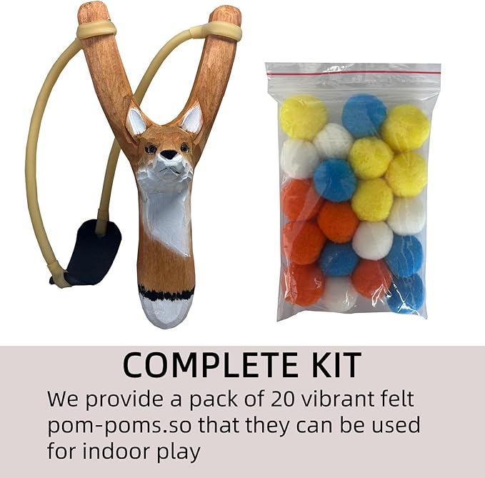 LANJAY Handmade Solid Slingshot with Personalized Carvings, Clay Balls & Pompoms, for Indoor/Outdoor Games, Hunting, Suitable for Adults & Kids