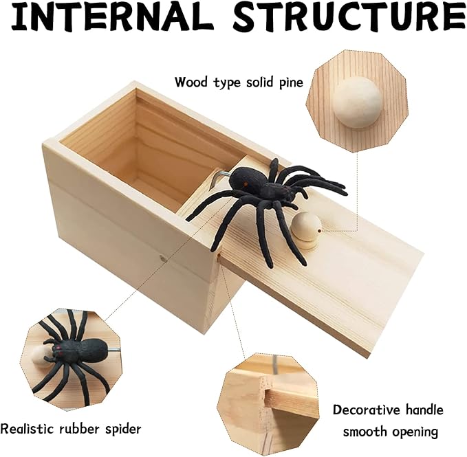 Motiloo Original Spider Prank Box,Handdmade Wooden Pop Out Rubber Spider Scare Box Joke Toys Prank for Kids & Adults Prank Gift Halloween