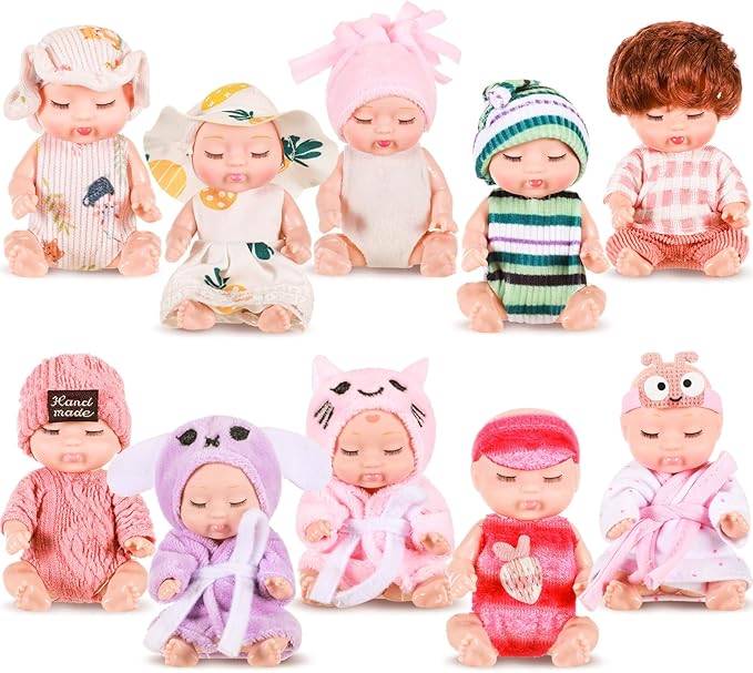Hanaive 10 Pcs 4 Inch Mini Baby Dolls Lifelike Realistic Tiny Baby Dolls with Animal Clothes Cute Infant Figurine Gifts Set for Toddlers Girls Kids 3+ Easter Graduation Birthday(Cozy Style)