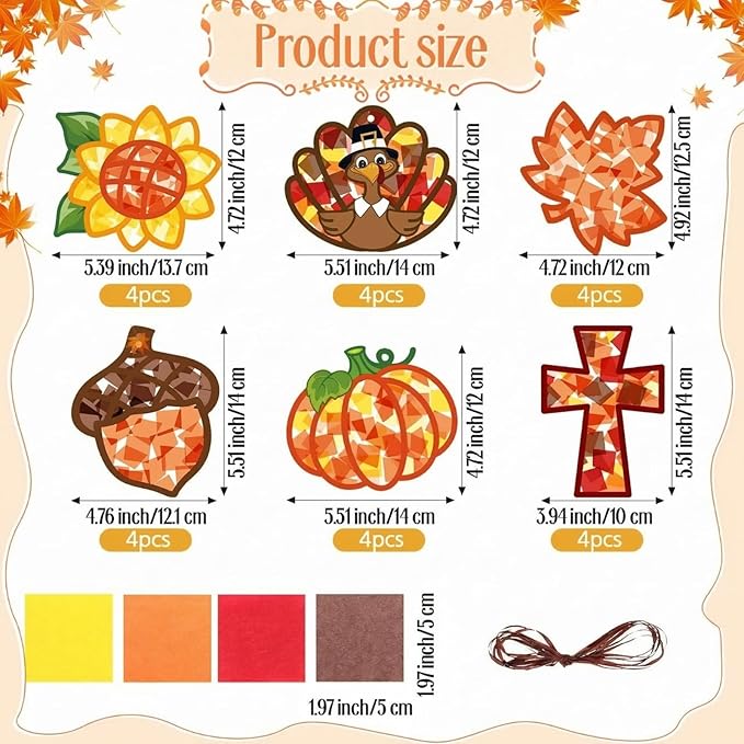 Feifeiya 24 Sets Thanksgiving Crafts Kit DIY Fall Paper Crafts with Colored Tissue Paper Sticker Tool Turkey Pumpkin Leaf Acorn Suncatcher Hanging Ornaments for Classroom Activity Harvest Party Window