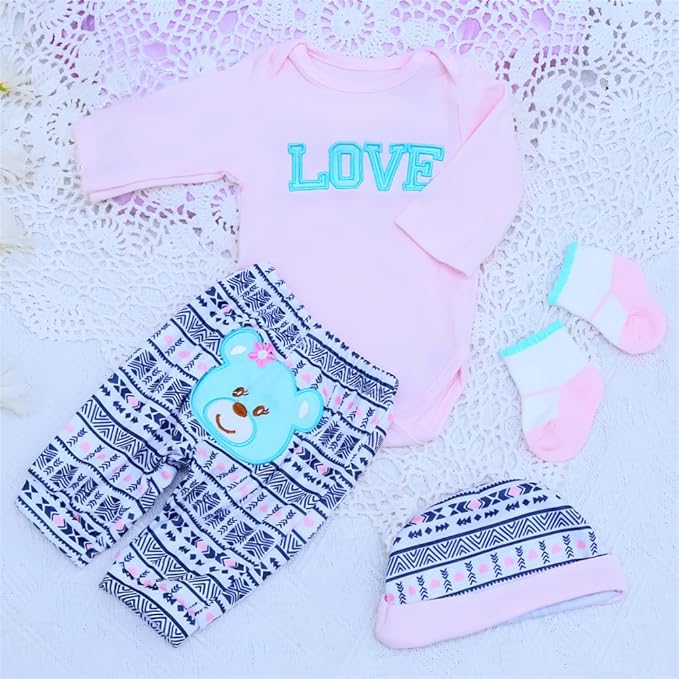 Reborn Baby Dolls Clothes Love Pattern 4pcs Set for 17-22 Inch Newborn Baby Doll Girl, Doll Clothing Cute Bear Outfit Accessories fit 17-22 Inch Reborn Doll Girl&Boy
