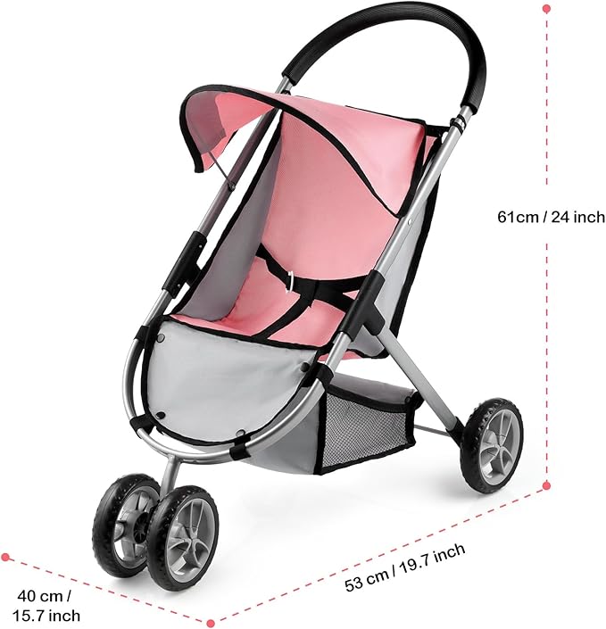 GAGAKU Baby Doll Stroller, Toy Stroller with Canopy, Double Front Wheels, Storage Basket & Adjustable Belt, Lightweight Pretend Play Stroller for Kids Ages 3+, Pink/Gray