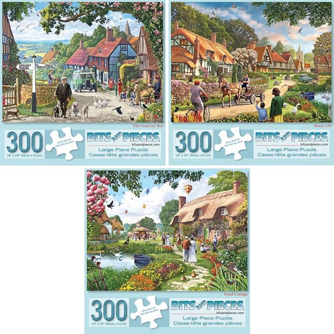 Bits and Pieces – Value Set of Three Large 300 Piece Jigsaw Puzzles for Adults – Village Life Jigsaw Puzzles by Artist Steve Crisp, Completed Puzzle Size: 18" x 24"