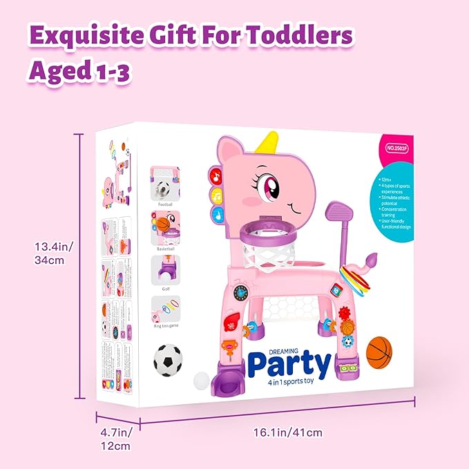 4 in 1 Toddler Basketball Hoop & Soccer Goal, Kids Sports Toy for 1 2 3 Years Old Girls Boys, Baby Toy with Sound & Light, Birthday Gift for 12-18 Months, Pink