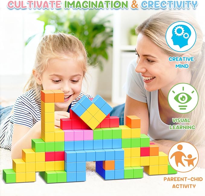 100pcs Magnetic Blocks, Gifts for 3 4 5 6 Year Old, Magnet Building Blocks for Toddlers, Preschool STEM Educational Sensory Montessori Square Toy for 4-8 Boys & Girls