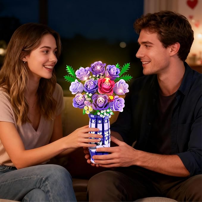 Purple Roses Flowers Building Set with Vase & LED Light, 17 Mini Flowers Bouquet Building Blocks Toy for Adults, Artificial Flowers for Home Office Decor & Display, Gifts for Women & Men