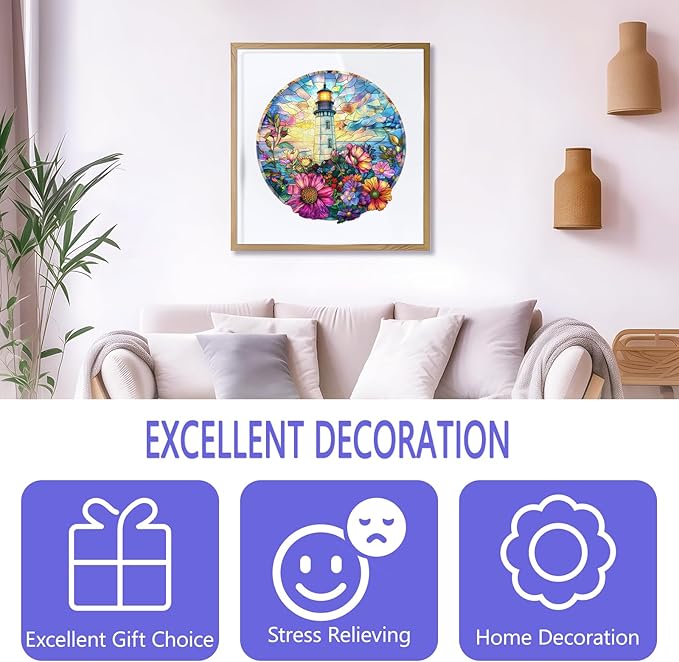 Wooden Puzzles for Adults - Stained Glass Lighthouse Wooden Puzzle, Unique Shape Wood Jigsaw Puzzle for Adults, Wood Puzzles Adult, Gifts for Family, Wall Art Home Decor (300pcs 13.4 * 13.1in L)