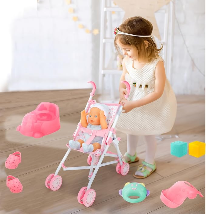 deAO Baby Doll Stroller Set with 13 inch Doll,Kids Play Stroller Toys,13" Baby Doll Set with Foldable Doll Stroller,18 PCS Baby Doll Accessories with 2 Sets Doll Clothes