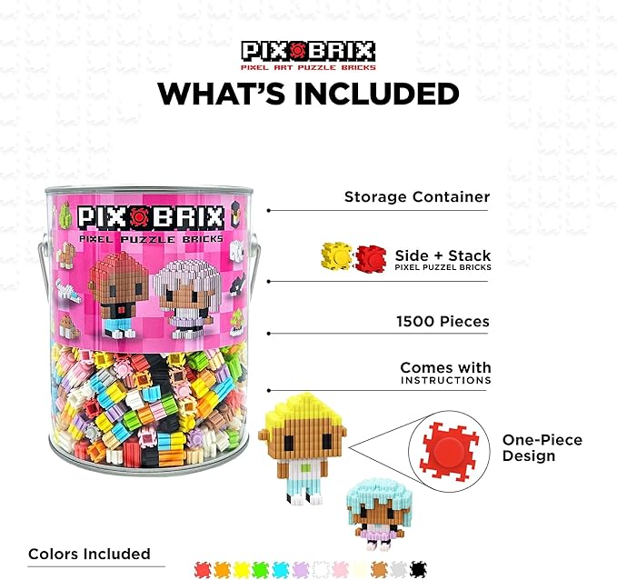 Pix Brix Pixel Art kit Puzzle Bucket - 1,500-Piece Kit with 12-Color Light Palette – Patented Interlocking Building Bricks for 2D and 3D Creations – STEM Toy for Ages 6+