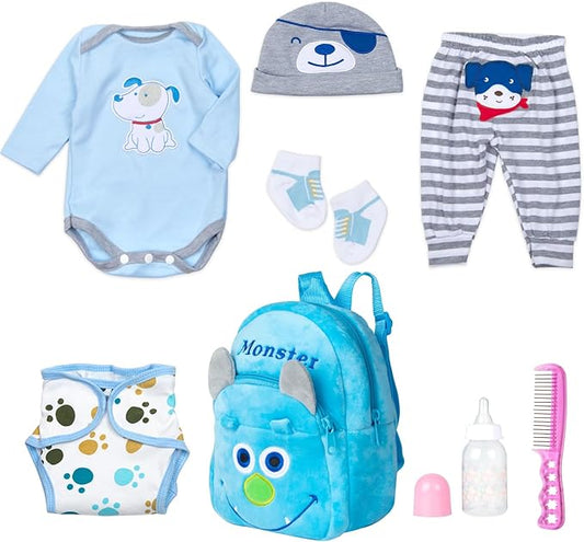 PEDOLLTREE 8 Pcs Reborn Baby Boy Doll Clothes Accessories Blue Puppy Set with Backpack Diaper for 17-22 Inch Reborn Doll Newborn Baby Boy