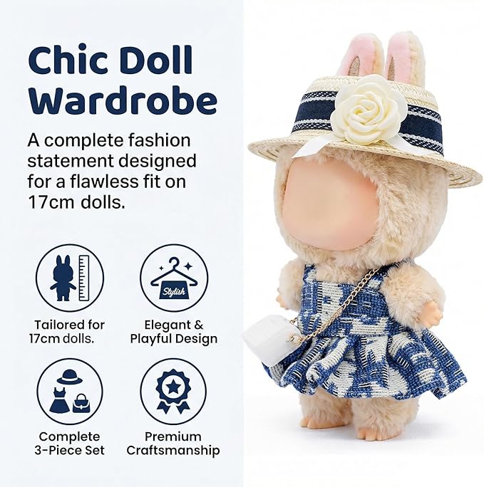 Clothes for 17cm Dolls, Luxury Chic Style Set High-End Fashion Outfit 3 Piece Set Including a Hat,Clothes and Bag with Premium Dolls Accessories for Play & Display (Blue) - No Logo