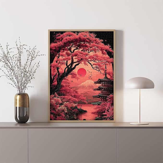 PICKFORU Landscape Puzzles 1000 Piece for Adults, Japanese Cherry Blossom Puzzle Nature Mountain Tree Scenic, Flower Vintage Scenery Jigsaw Puzzles Challenge