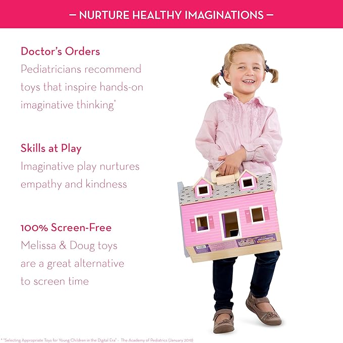Melissa & Doug Fold & Go Wooden Dollhouse with 2 Dolls and 11 Pieces of Furniture - Portable Mini Doll House with Accessories and Toy Figures, Ages 3+