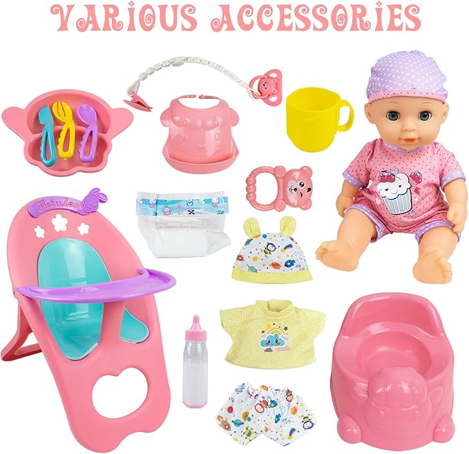 RedCrab Baby Doll Toys Set, Newborn Dolls PlaySet with High Chair Stroller Feeding ,Tableware Set and Doll Clothes Accessories, 15+ pcs Toddler Pretend Play Gift Toys for Girls - 12" Dolls