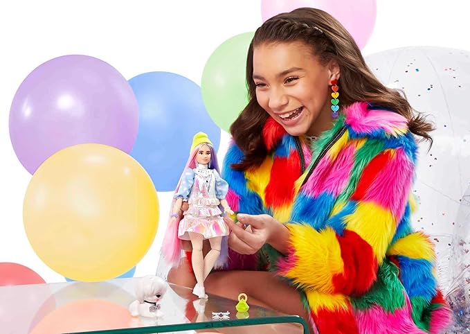 Barbie Extra Doll & Accessories with Shimmery Look, Pink & Purple Fantasy Hair & Neon Beanie with Pet Puppy