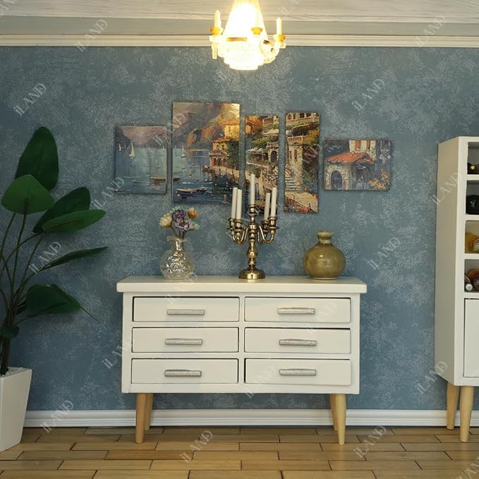 iLAND Dollhouse Furniture on 1/12 Scale of Dining-Room, Wooden Doll House Furniture Miniature of Table Chair & Cabinet (Modern Miniature Furniture 8pcs)