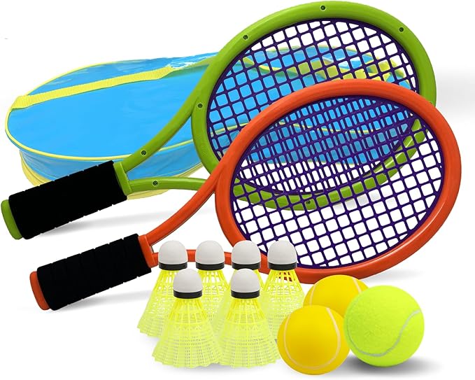 Crefotu Kid Tennis Racket Set for Toddler,Children,Sponge Handle, includes 6 Badminton, 1 Tennis Ball, Bag and 2 Balls - Increase Children's Sports,Improve Tennis Skills