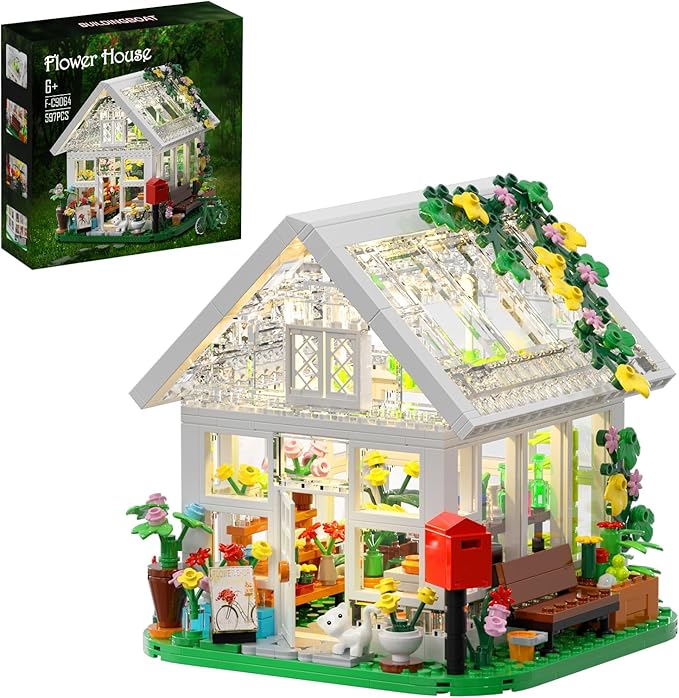 Flower House Building Set, Creative Garden Playset Toy with LED Light, Build a Greenhouse Model, Great Gift for Friends or Girls (597 Pieces)