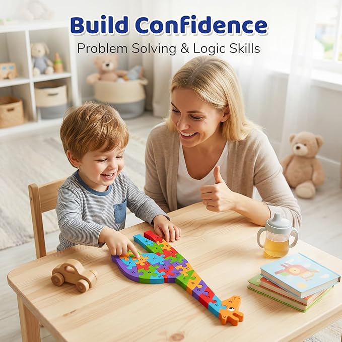 LovesTown Wooden Puzzles for Kids, Double Sided Giraffe Jigsaw with Alphabet & Numbers, Montessori Educational Toy for Toddlers, Chunky Animal Gift (Pack of 2)