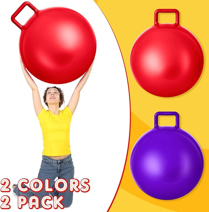 Lewtemi 2 Pcs 29 Inch Big Hopper Ball Jumping Hopping Inflatable Bouncing Ball with Handle and Air Pump for Adults Carnival Outdoor Sports Game(Red, Purple)