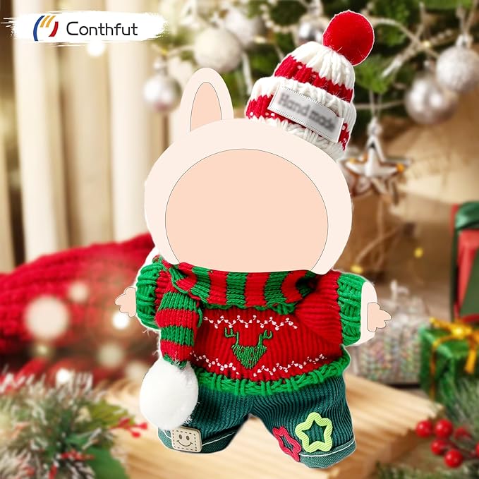 17cm Doll Clothes,Christmas Sweater Hat for Dolls Accessories,Winter Clothes for Dolls Outfit,Christmas Clothes Set (No Doll)(Red Sweater +Green)