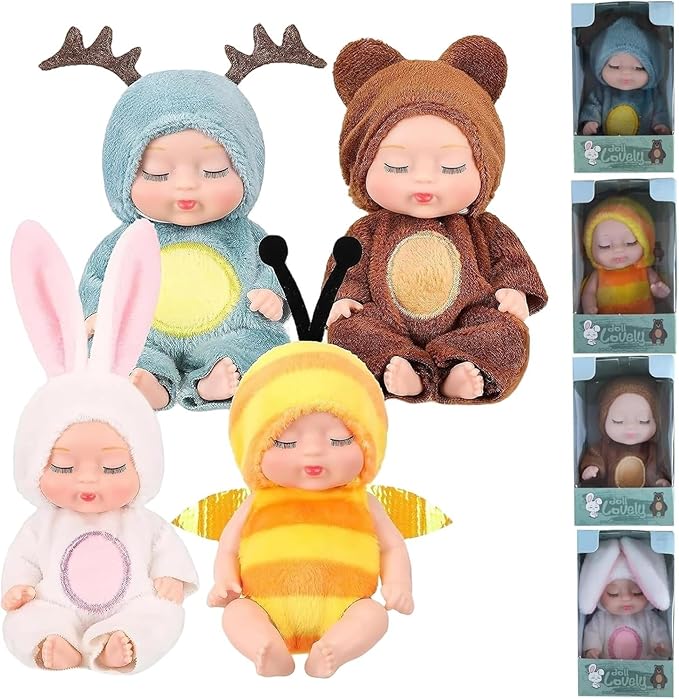 4 Pcs Mini Baby Dolls Set 4 Inch Small Baby Dolls with Animal Clothes for Pretend Play Birthday Gift, Collection(Dolls B)