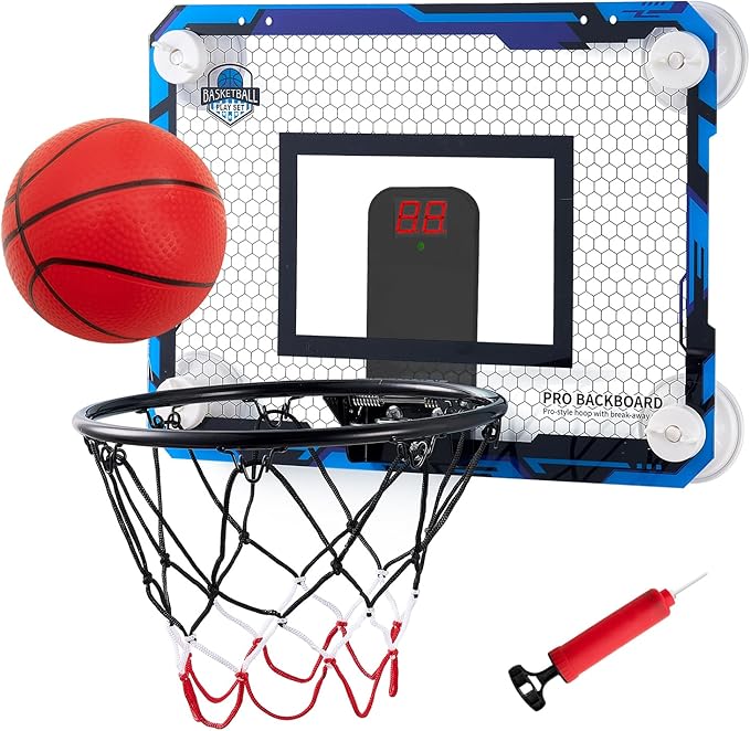 BOHEN Indoor Mini Basketball Hoops with Powerful Suction Cup, Stick to Windows, Wooden Doors, Smooth Walls - Basketball Backboard Indoor Bedroom Office for Kids Teens Adults